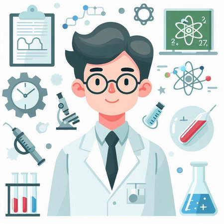 Scientist in laboratory. Vector illustration in flat style. Man character.のイラスト素材