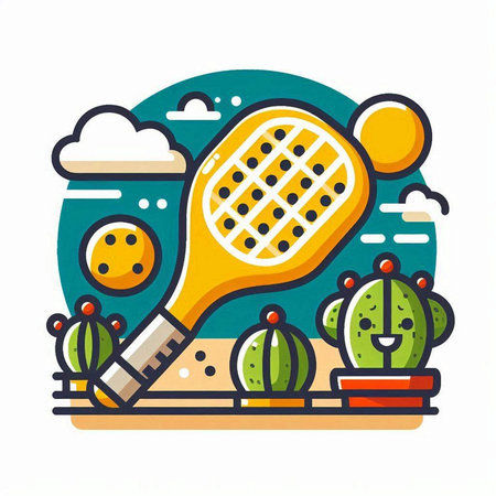 Tennis racket and cactus in flat style. Vector illustration.のイラスト素材