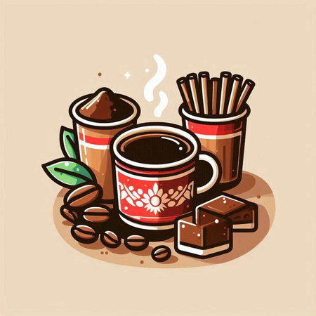 Coffee cup with beans and chocolate. Vector illustration in cartoon style.のイラスト素材