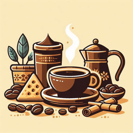 Coffee cup, pot, beans and cinnamon. Vector illustrationのイラスト素材