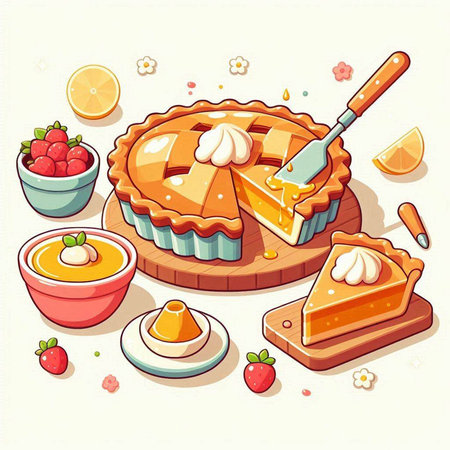 Illustration of a delicious pie with strawberries, lemon and honey.のイラスト素材