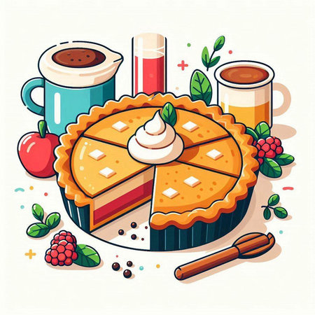 Vector illustration of a pie with cream, coffee, cinnamon and berries.のイラスト素材