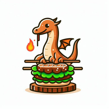 Dragon and hamburger, vector cartoon illustration isolated on white background.のイラスト素材