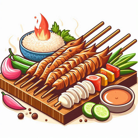 Illustration of grilled fish on wooden board with rice, vegetables and sauceのイラスト素材
