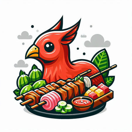 Vector illustration of a red chicken with sushi and rolls on a white backgroundのイラスト素材
