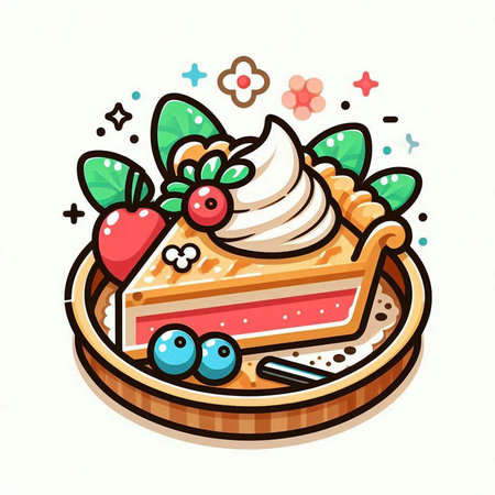 Cake with cream and berries in a wooden plate, vector illustrationのイラスト素材