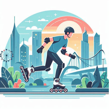 Roller skating in the city. Vector illustration in flat style.のイラスト素材