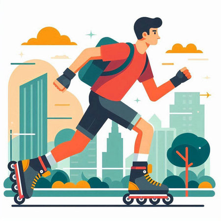 Young man riding on roller skates in the city. Vector illustrationのイラスト素材