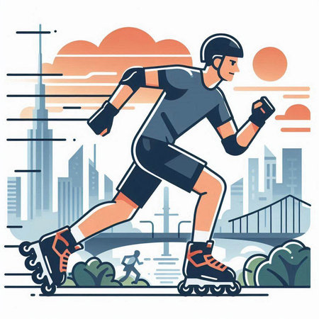 Roller skating in the city. Vector illustration in flat style.のイラスト素材