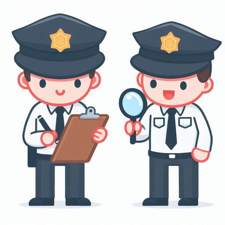Police officer and policeman with clipboard and magnifying glass. Vector illustration.のイラスト素材