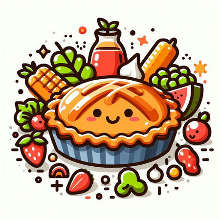 Vector illustration of a pie with fruits and vegetables on white background.のイラスト素材