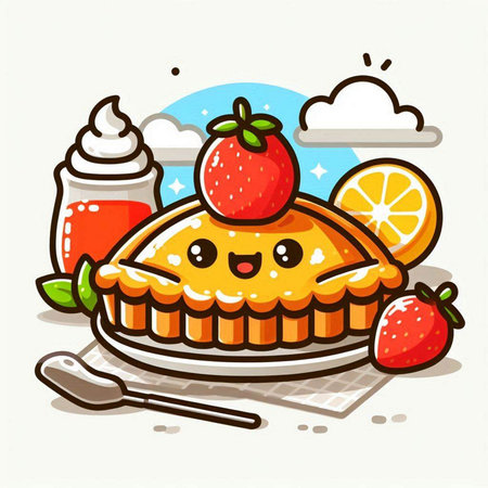 Cute cartoon vector illustration of a strawberry pie with whipped cream.のイラスト素材