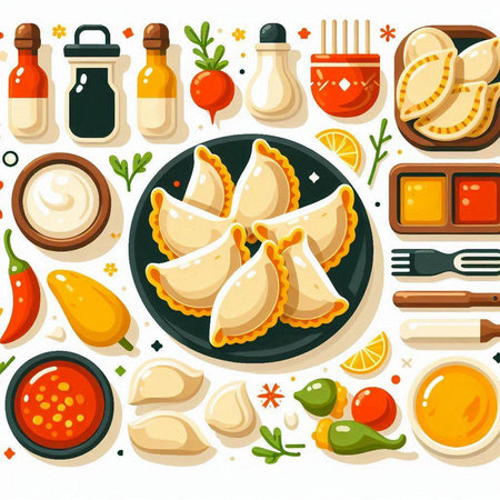 Vector illustration of traditional Chinese dumplings with meat, vegetables and spices.のイラスト素材