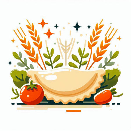 Vector illustration of a plate with dumplings, tomatoes and wheat ears.のイラスト素材