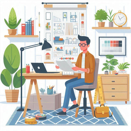 Fashion designer working at home. Vector illustration in flat style.のイラスト素材