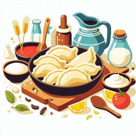 Vector illustration of dumplings in frying pan with ingredients for cookingのイラスト素材
