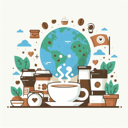 Coffee time flat design concept. Vector illustration of coffee cup, earth globe, coffee beans, coffee grinder, cup of coffee, latte art.のイラスト素材