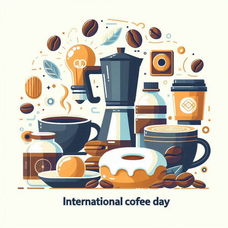 Coffee time. Vector flat illustration with coffee beans, cup of cappuccino, donut, moka pot, coffee grinder, cup of coffee.のイラスト素材
