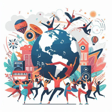 Crowd of dancing people around the world. Vector illustration in flat style.のイラスト素材
