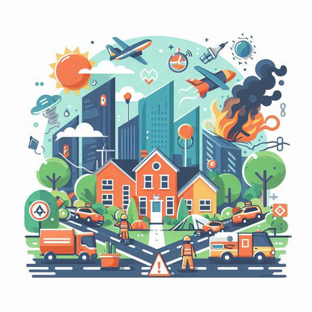 Vector illustration of a city with cars, road, houses, fire, traffic lights, cars and people.のイラスト素材