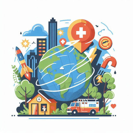 Vector illustration of world health day concept with globe, ambulance and ambulanceのイラスト素材