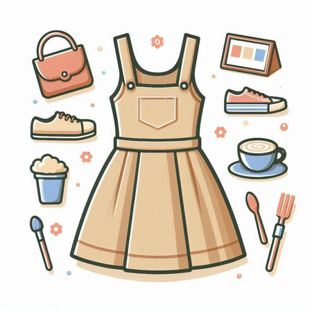 Vector illustration of women's clothing and accessories in doodle style.のイラスト素材
