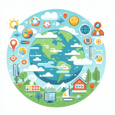 Vector illustration of Earth globe with different icons and symbols. World environment day concept.のイラスト素材