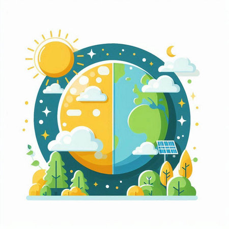 Vector illustration of planet earth with solar panels and trees. Ecology concept.のイラスト素材