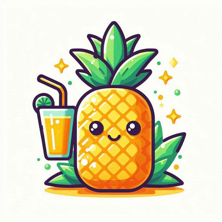 Cute cartoon pineapple character with a glass of juice, vector illustrationのイラスト素材