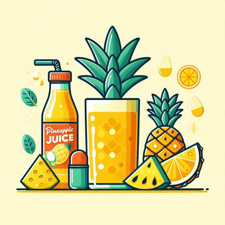 Pineapple juice and fruit. Vector illustration of a flat design.のイラスト素材