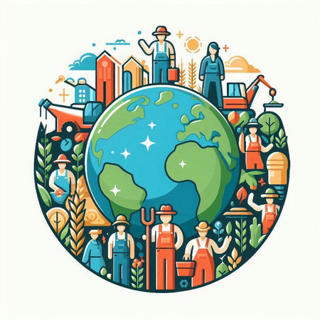 Vector illustration of workers around the world. Earth day concept in circle shape.のイラスト素材