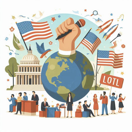 Hand holding a microphone on the background of the United States Capitol building. Vector illustrationのイラスト素材