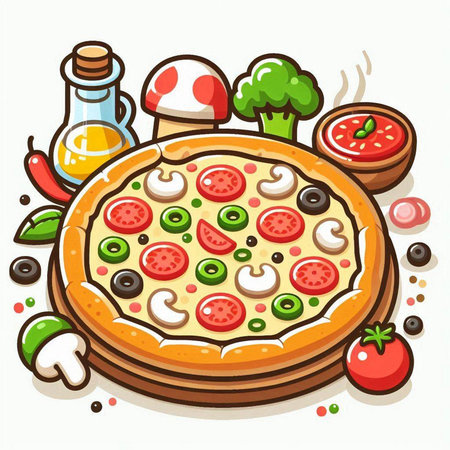 Pizza with vegetables and mushrooms on a white background. Vector illustration.のイラスト素材