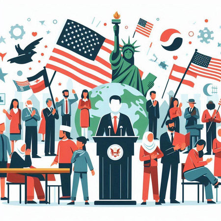 Vector illustration of a crowd of people with flags and symbols of the USA.のイラスト素材