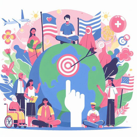 Vector illustration of people around the world. People with disabilities, handicapped man and woman sitting on the globe.のイラスト素材