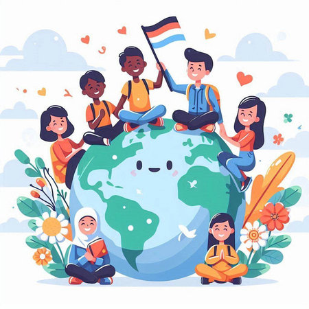 Happy international kids sitting on the globe and holding the flag of Thailand. Vector illustrationのイラスト素材