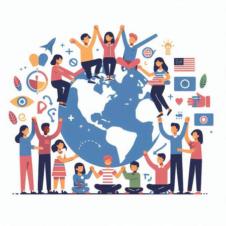 Global communication concept. Group of people around the world. Vector illustrationのイラスト素材