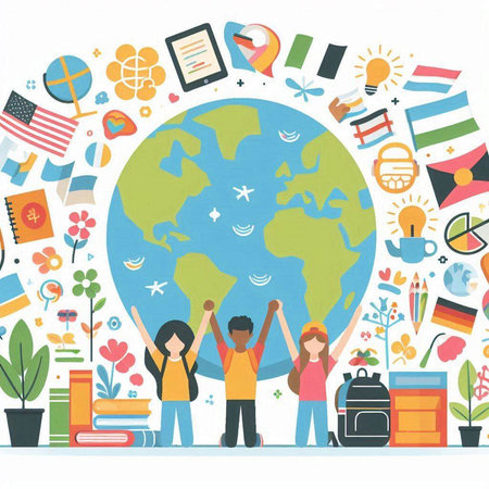 Back to school concept. Group of students standing around the globe. Vector illustrationのイラスト素材