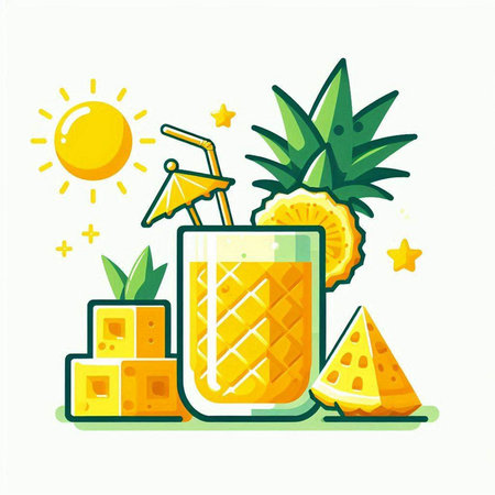 Summer vector illustration with pineapple juice and tropical fruits, flat style.のイラスト素材