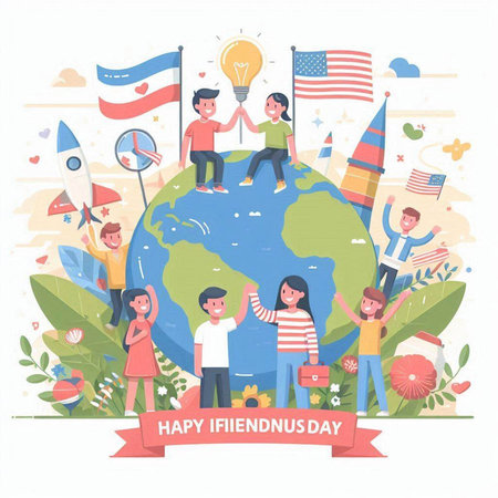 Happy International Day of Families. Happy family with children and kids on the background of the globe. Vector illustrationのイラスト素材