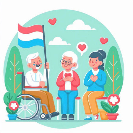 Elderly people in wheelchair holding flag of Netherlands vector illustration.のイラスト素材