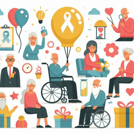 Seamless pattern with flat icons of elderly people and health care. Vector illustrationのイラスト素材