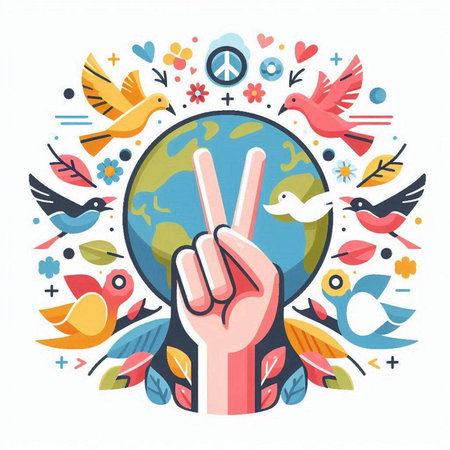 Vector illustration of human hand with peace symbol, world peace day conceptのイラスト素材