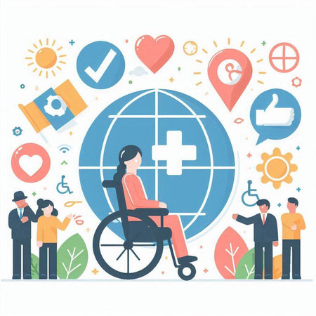 Disabled person in wheelchair with social media icons. Vector illustration.のイラスト素材