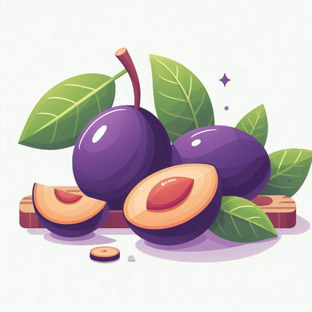 Vector illustration of fresh ripe plums with leaves on white background.のイラスト素材