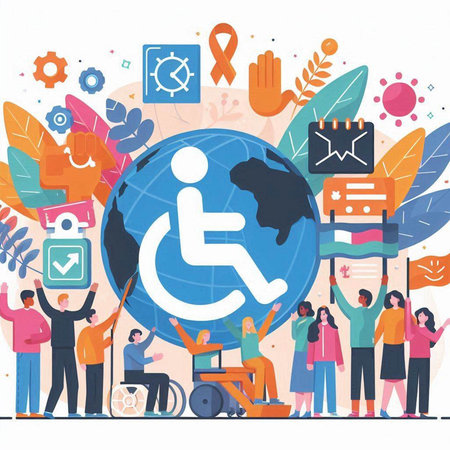Volunteers with disabilities and disabled people around the world vector illustration.のイラスト素材