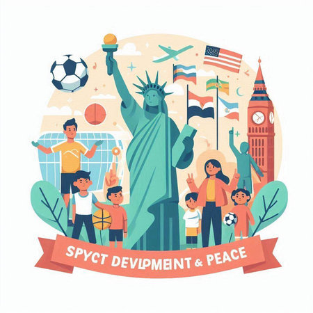 Vector illustration of the Statue of Liberty with people around the world.のイラスト素材