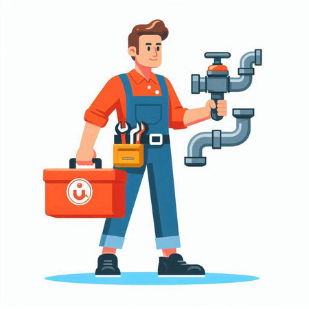 Plumber with tools. Plumber in uniform. Vector illustration in cartoon styleのイラスト素材