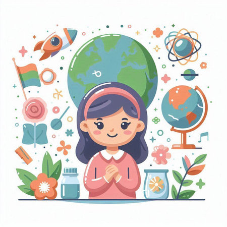 Vector illustration of a cute girl with a globe and a lot of school supplies.のイラスト素材