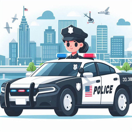 Police car on the background of the city. Vector illustration in flat style.のイラスト素材
